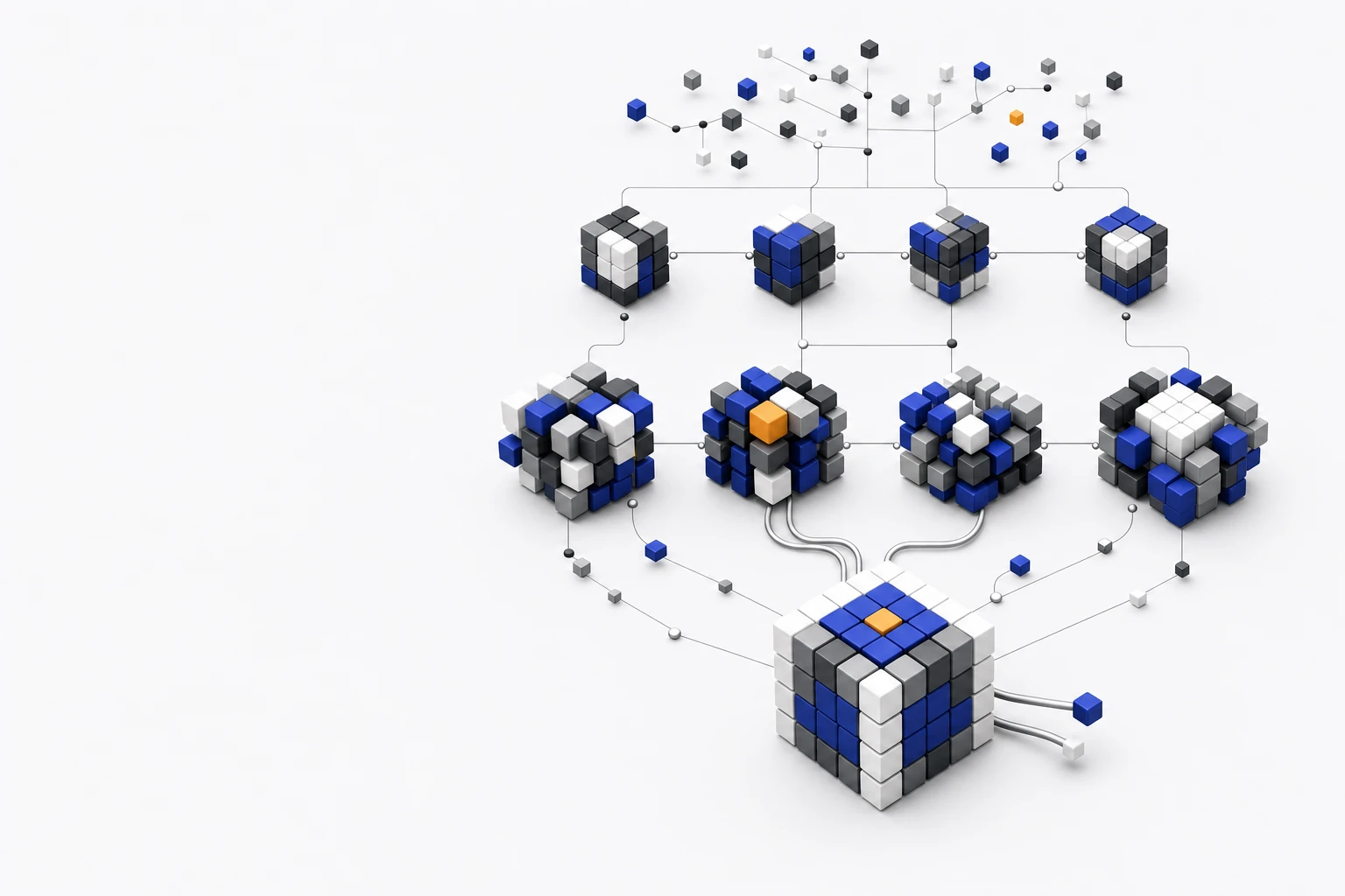 A hierarchy of dimensional cube modules connected into one operating system