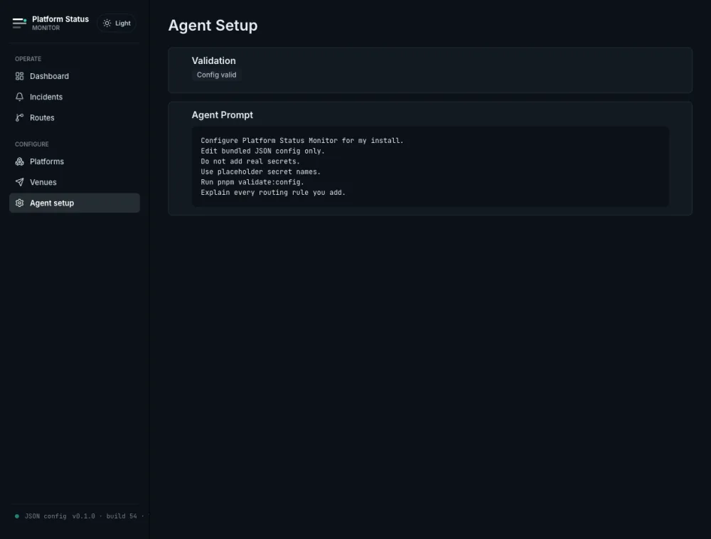 PSM agent setup screen with config validation and agent prompt