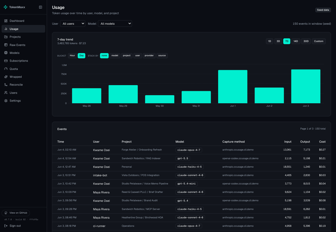 TokenMaxx usage view showing detailed AI usage records